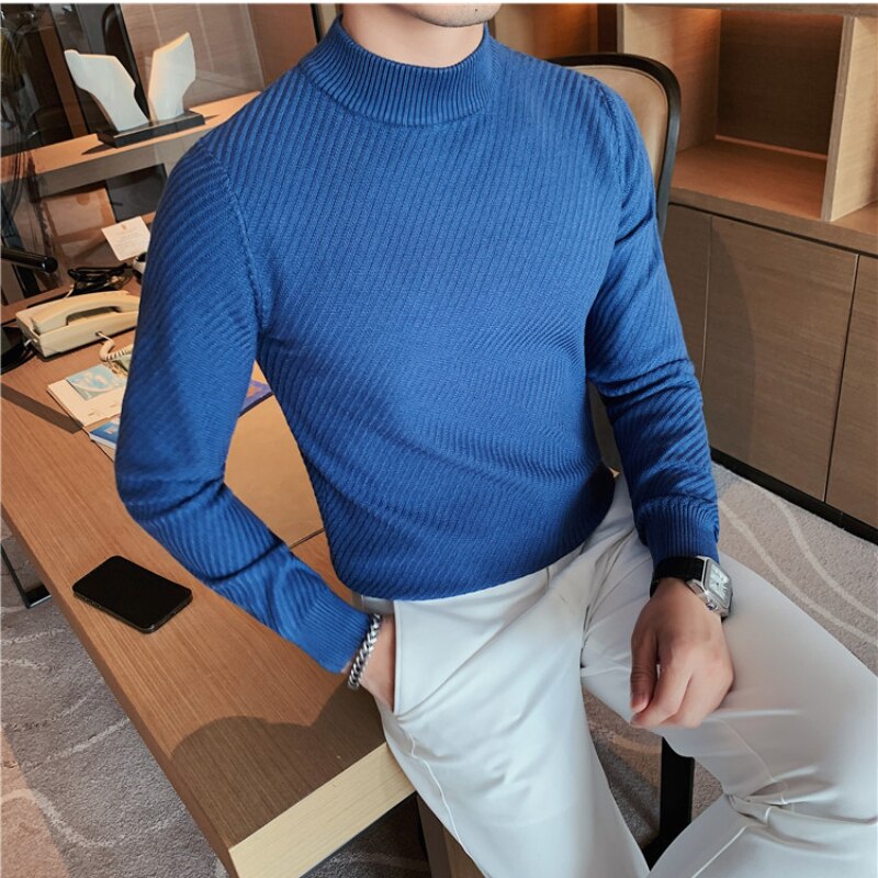 Autumn/Winter Mens Solid-color Long-sleeved Half-turtleneck Sweaters Slim Casual Diagonal Stripe Knitting Pullovers 
